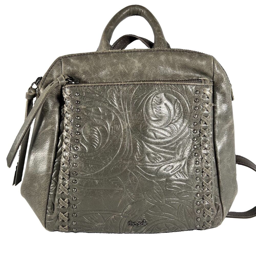 The Sak Loyola Genuine Pebbled Leather Gray Mini Convertible Backpack Embossed